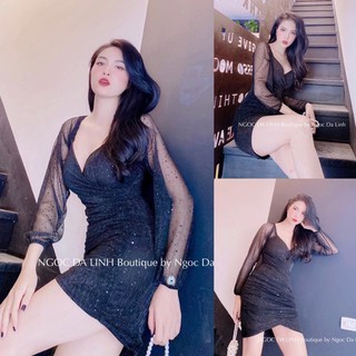 Váy body tay lưới đính kim sa hàng đẹp 2 lớp⚡️Ảnh thật