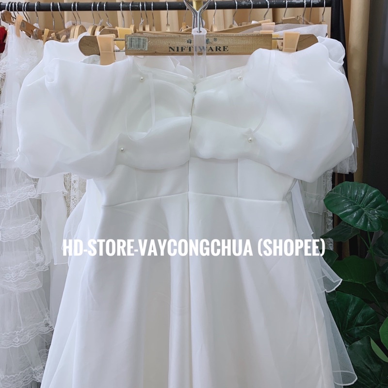 Váy thiết kế trễ vai bèo xoè trẻ trung dự tiệc, đầm ngang vai tiệc cưới cô dâu