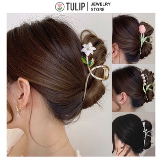 Image of TULIP Metal Flower Hair Clip Lily Flower Hair Claw Large Shark Clip Hairpin Fashion Hair Accessories