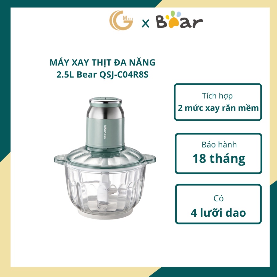 Máy xay thịt xay thực phẩm đa năng Bear QSJ-C04R8S thủy tinh 2.5L - BH 12 tháng