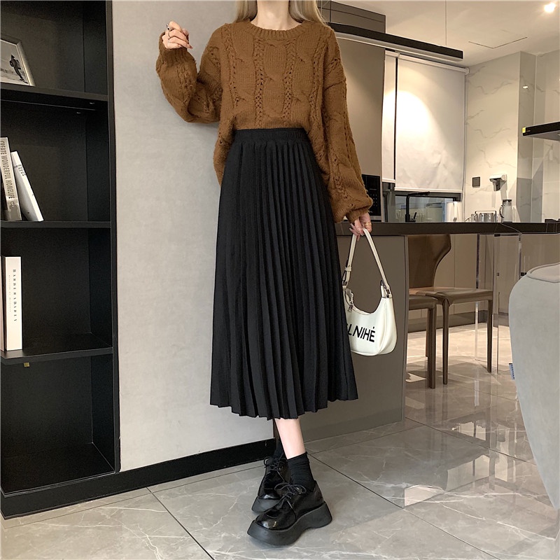 Chân váy midi xếp ly màu trơn phong cách Hàn Quốc thời trang cho nữ | BigBuy360 - bigbuy360.vn
