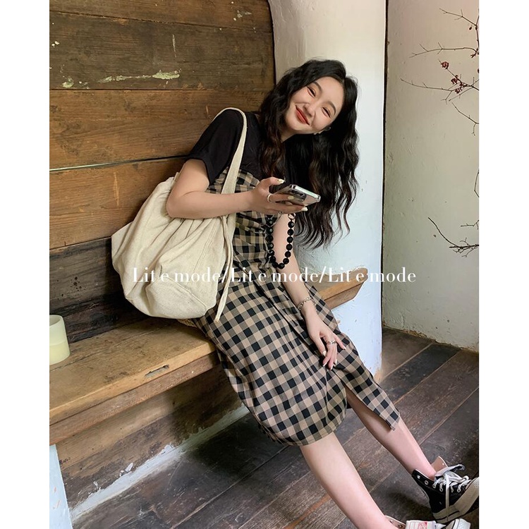 Đầm ngắn SUXI dáng chữ A họa tiết sọc caro phong cách cổ điển thời trang xuân thu xinh xắn cho nữ