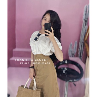 Set áo trắng cài nút tay bồng + chân váy midi nude