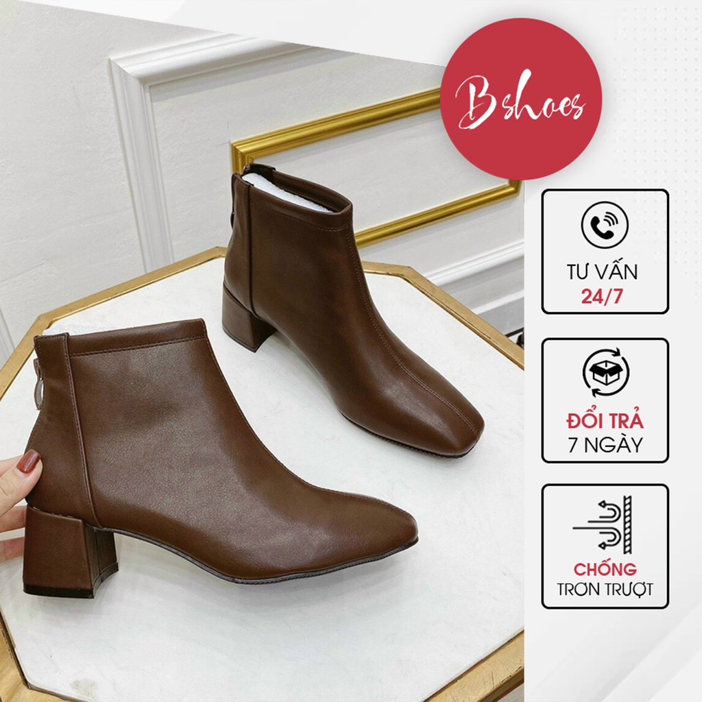 Giày boot nữ da mềm 2021 B SHOES, boot thấp cổ lót nỉ khóa sau, mũi vuông, thiết kế đơn giản siêu thời trang, cao 5p B11
