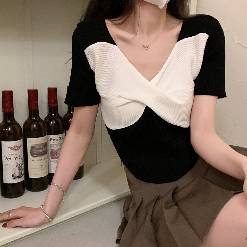 Áo dệt kim ZHELIHANGFEI tay ngắn cổ chữ V kiểu nơ dễ thương thời trang dành cho nữ