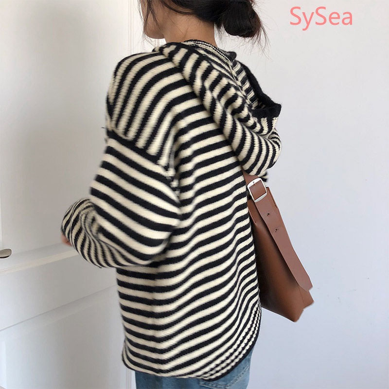 Áo Khoác Sweater Có Mũ Trùm Kẻ Sọc Kiểu Retro Thời Trang Thu Đông Cho Nữ