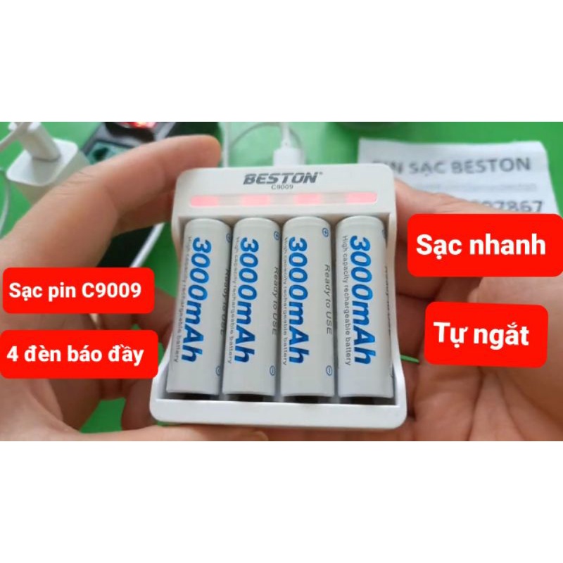 Pin sạc AA/AAA 1.2V và bộ sạc pin nhanh, tự ngắt C9009 chuẩn 1.2V Beston dùng cho micro không dây, đồ chơi, điều khiển