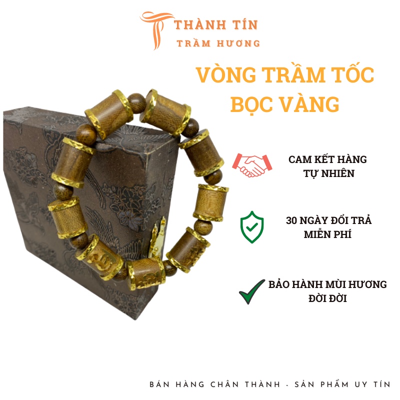 Vòng tay trầm hương bọc vàng Phúc Lộc Thọ - Thành Tín Trầm hương - Bảo hành mùi hương trọn đời