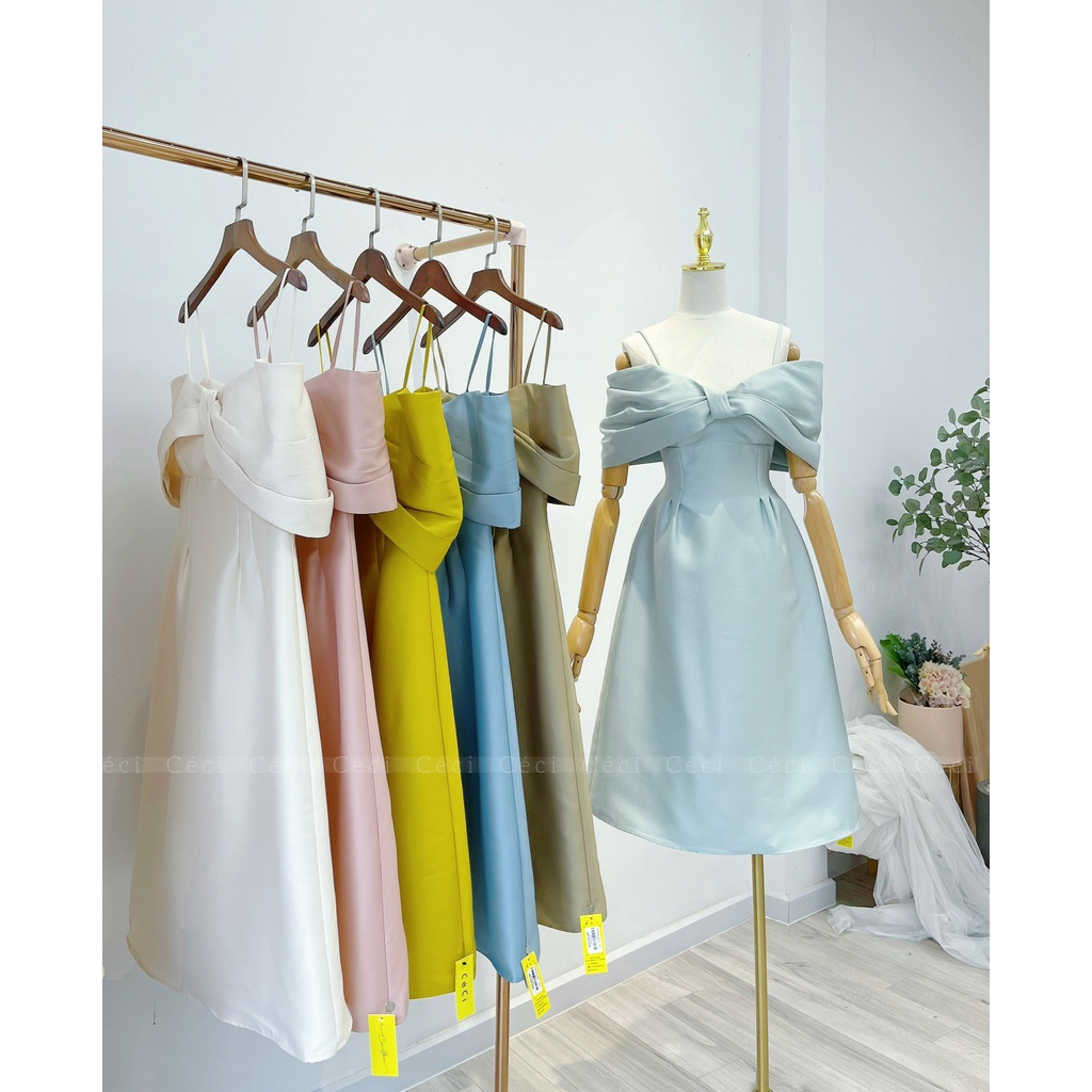 CECI Đầm Barbie hai dây thiết kế nơ ngực trễ vai phù hợp đi chơi, đi tiệc.