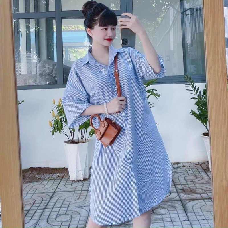 Đầm váy sơ mi suông sọc xanh