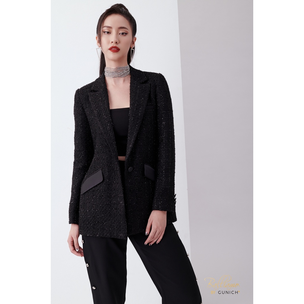 Áo Vest nữ phối nắp túi tafta màu đen sang trọng, vải tweed ánh kim cao cấp GUNICH