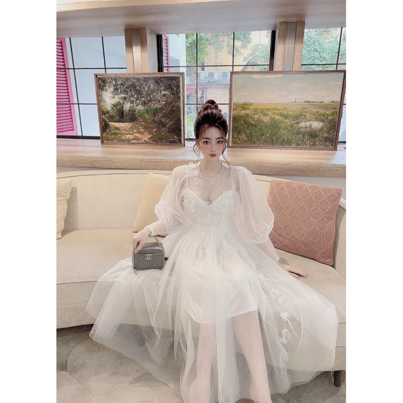 Đầm xoè tay phồng kết hoa phối lông công