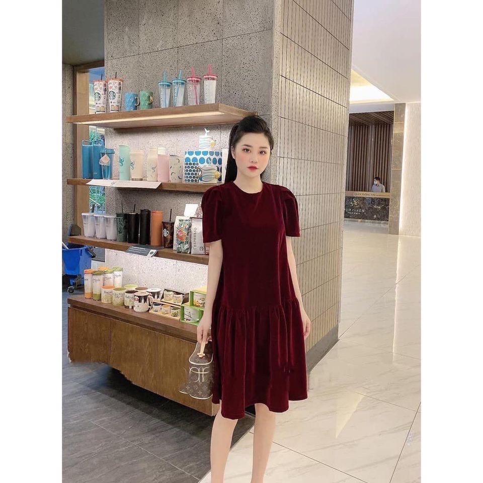 Váy đầm bigsize chất nhung mềm mại thiết kế dáng xòe dự tiệc cho mẹ bầu từ 55kg đến 75kg