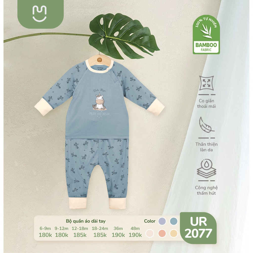 Bộ Uala Rogo chất vải Bamboo dài tay cao cấp mềm mịn thoáng mát thấm hút tốt in thú to cho bé trai bé gái 2077