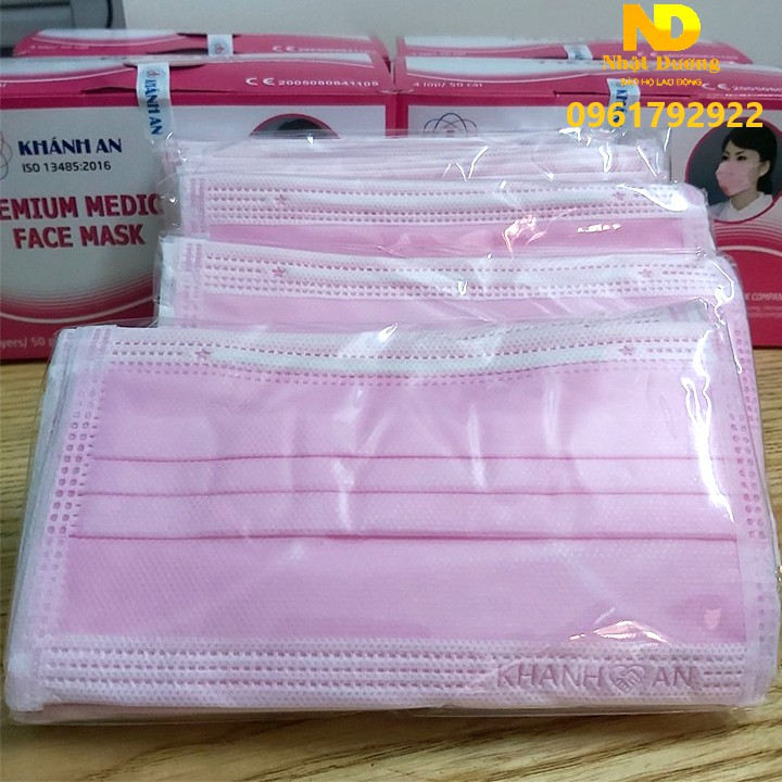 Khẩu trang y tế khánh an màu hồng hộp 50 cái kháng khuẩn - Hàng sẵn  - Hình Thật