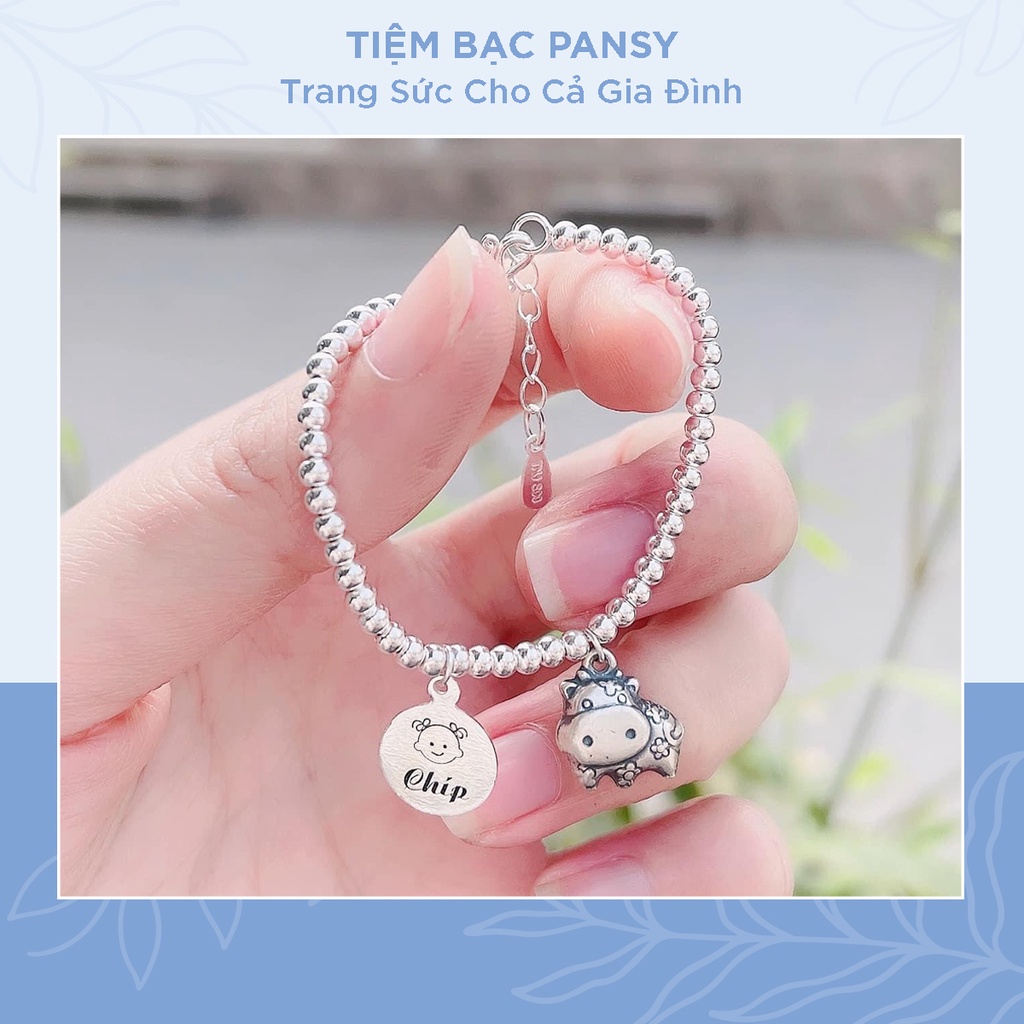 Lắc bạc bi cho bé PANSY treo thẻ khắc tên và con giáp dễ thương - Vòng tay chân bạc trẻ em dạng chuỗi bi cao cấp