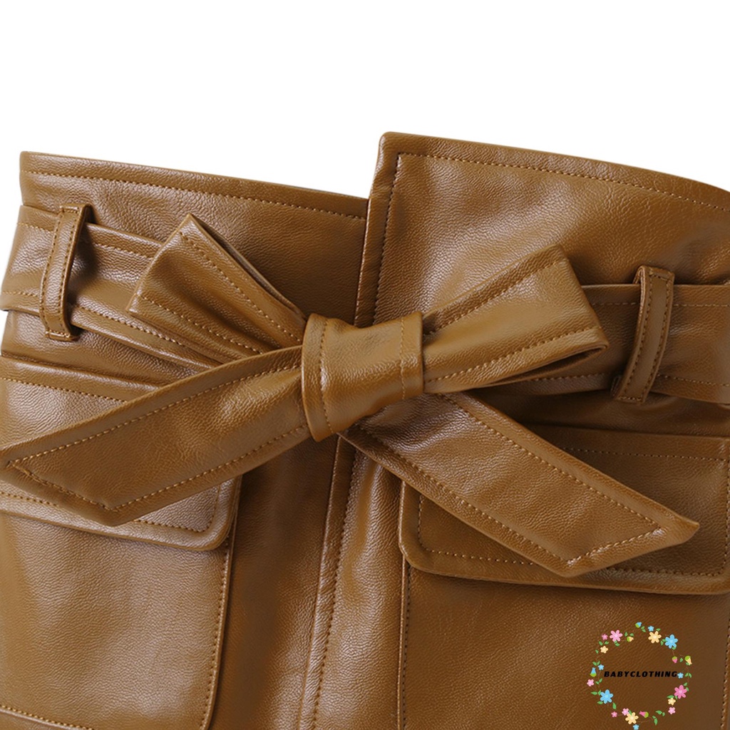 Chân váy ngắn da PU dáng chữ A lưng cao màu trơn có túi và dây thắt lưng thời trang thu đông dành cho bé gái