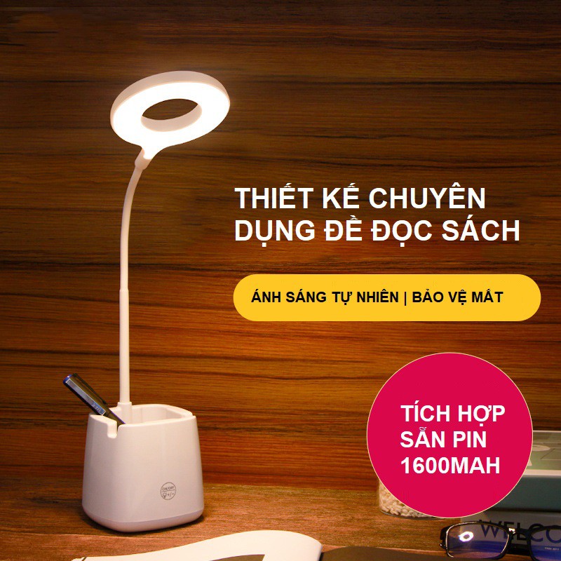 Đèn Bàn Học Đọc Sách LED Chống Cận 03 Chế Độ Ánh Sáng Vàng Bảo Vệ Mắt Có Hộp Bút Và Giá Để Điện Thoại - HV Store 277