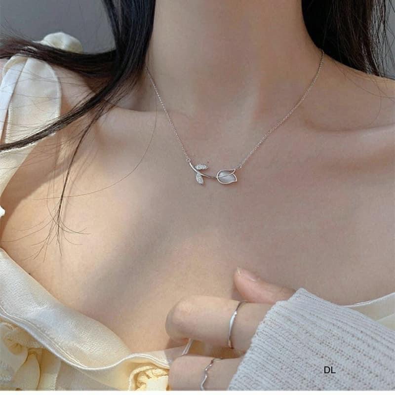 Dây chuyền nữ hoa hồng đính đá xinh xắn chuẩn bạc ta-THJ SILVER