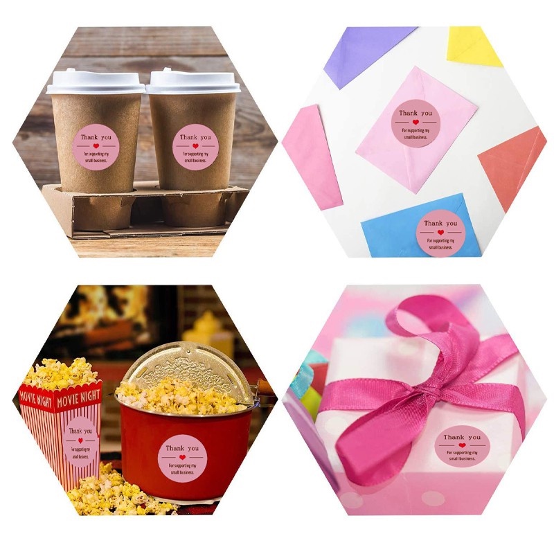 Cuộn 500 Miếng Dán Trang Trí Sổ Tay Hình Tròn / Trái Tim Màu Hồng In Chữ Thank You Dễ Thương