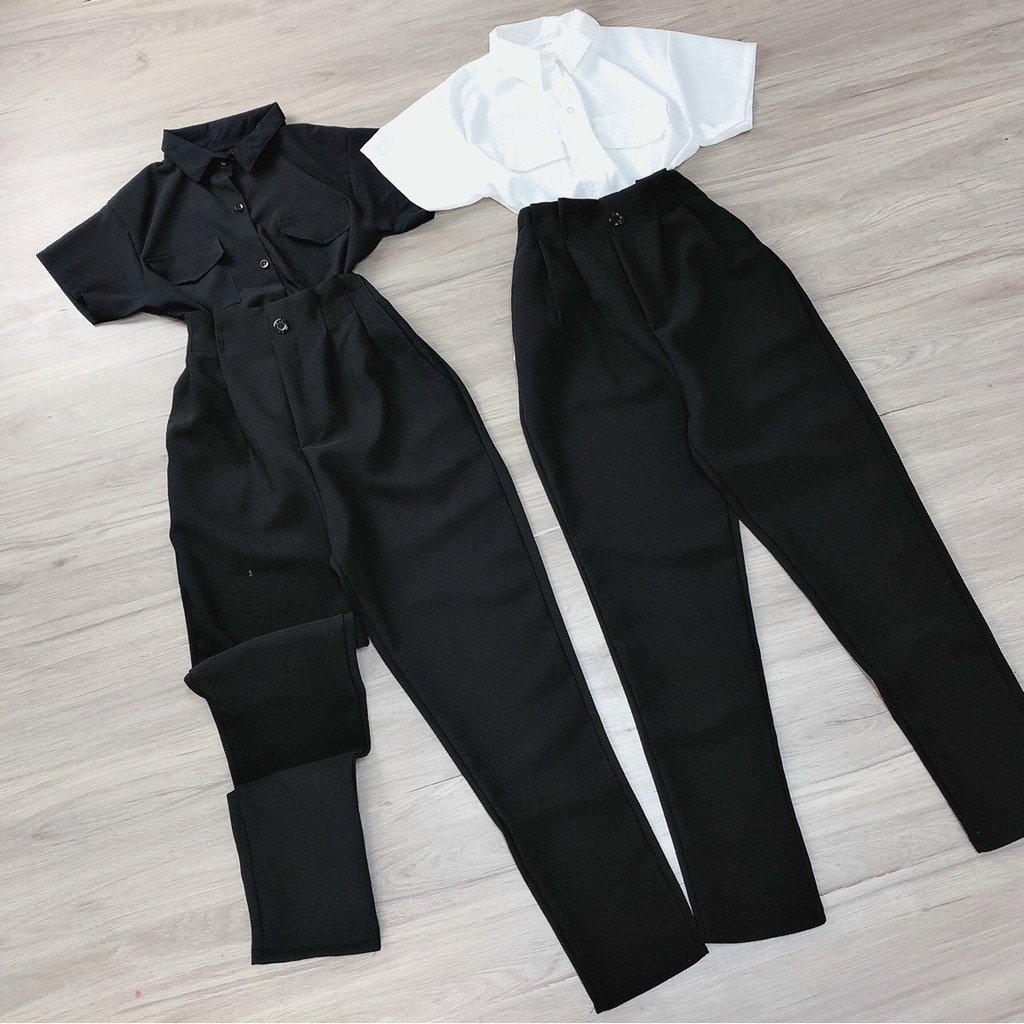 Set áo sơ mi túi nắp tay ngắn phối quần baggy tuyết mưa nhún eo dày dặn- giá siêu rẻ