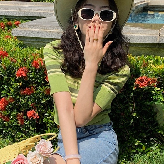 Áo dệt kim ZHELIHANGFEI ngắn tay cổ tròn họa tiết kẻ sọc trẻ trung