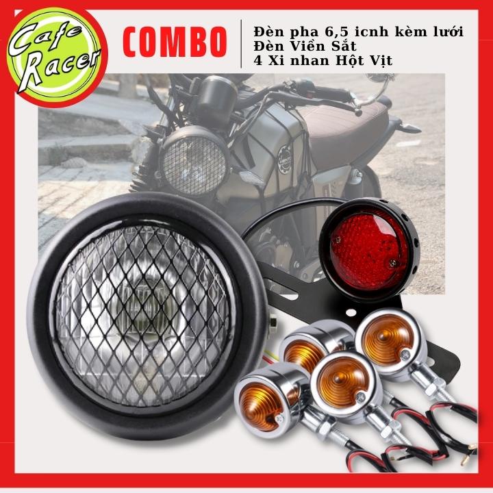 Combo đèn pha lưới 6,5icnh gáo sắt kính vàng cùng đèn hậu lưới và 4 xi nhanh lưới độ xe CAFE RACER