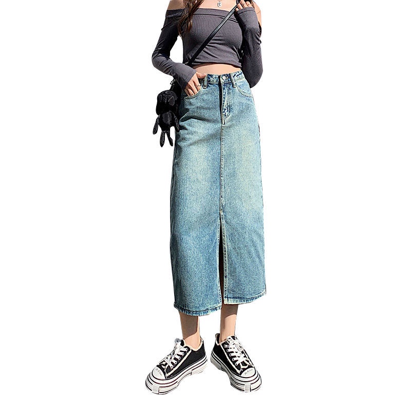 Váy Denim Cổ Điển 165048 Chân Váy Dài Qua Gối Xẻ Tà Thời Trang Cho Nữ