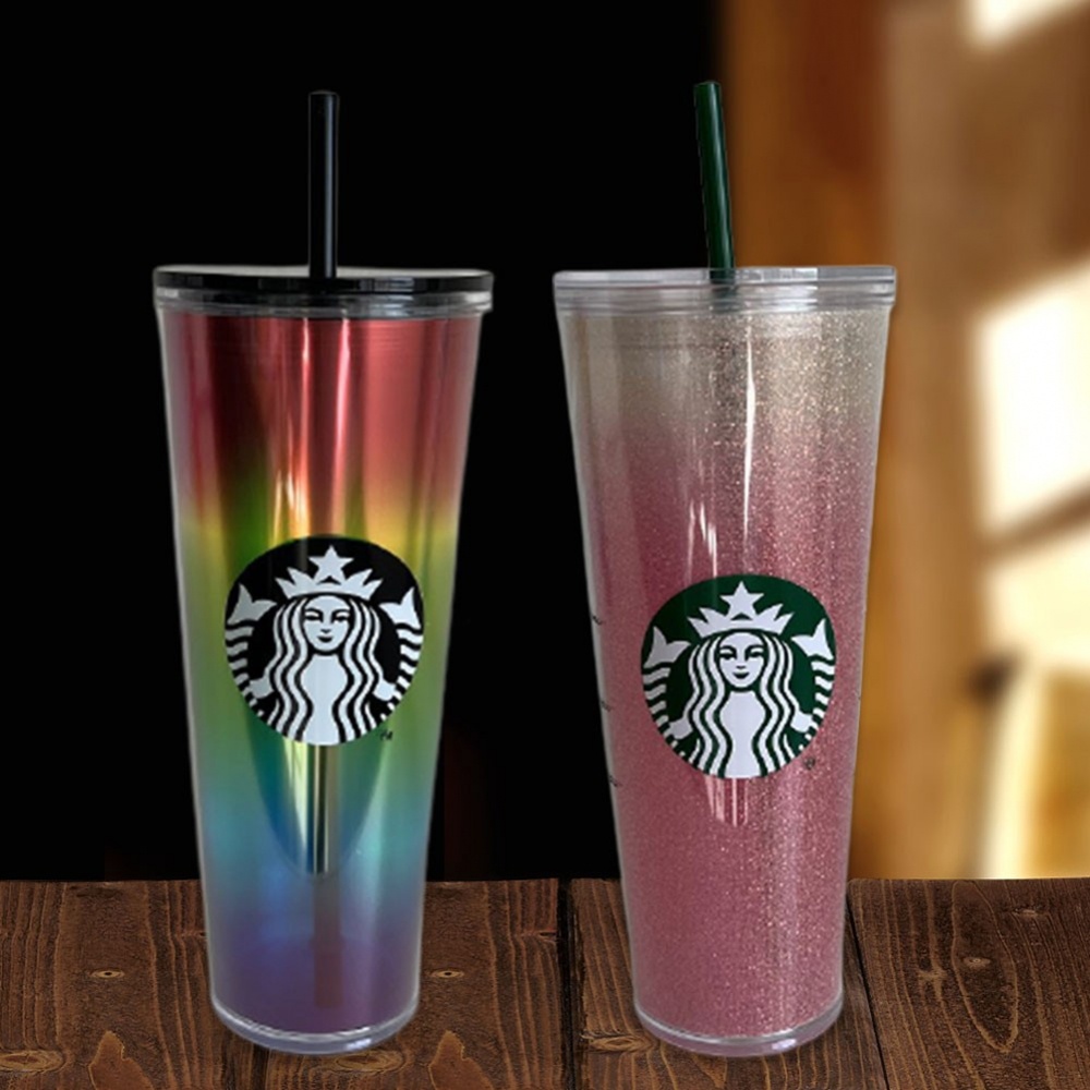 Ly nước Starbucks hai lớp bằng nhựa trong suốt 700ml có ống hút