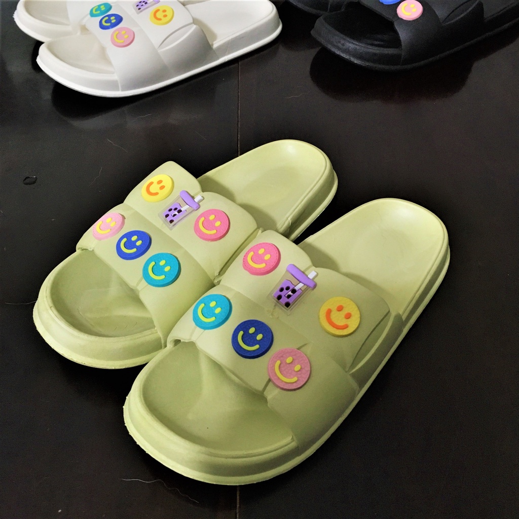 Dép nữ dễ thương, quai ngang, dép bánh mì, đế cao, sticker, hình dán, trà sữa, hồng, xanh bơ, êm chân, size lớn, slipper