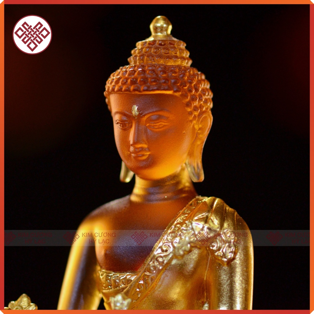 Tượng Phật Dược Sư Mật Tông [Kim Cương Hỷ Lạc] Lưu Ly Và Đế Sen Lưu Ly Màu Nâu