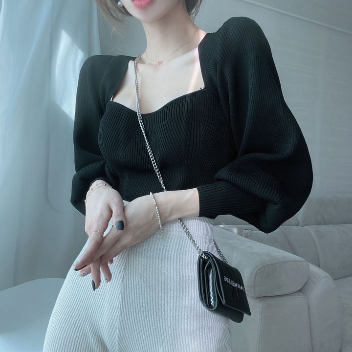 ZHELIHANGFEI Áo Dệt Kim Tay Phồng Cổ Vuông Lưng Cao Thời Trang Sang Trọng Cho Nữ