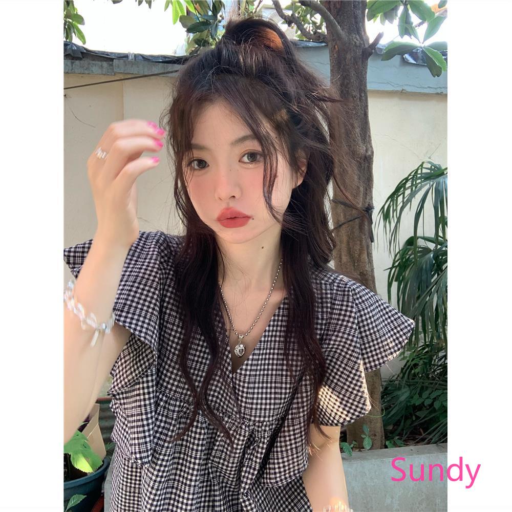 Áo Sơ Mi Cổ Chữ V Dáng Rộng Hoa Văn Kẻ Ô Thời Trang Mùa Hè Ngọt Ngào Dành Cho