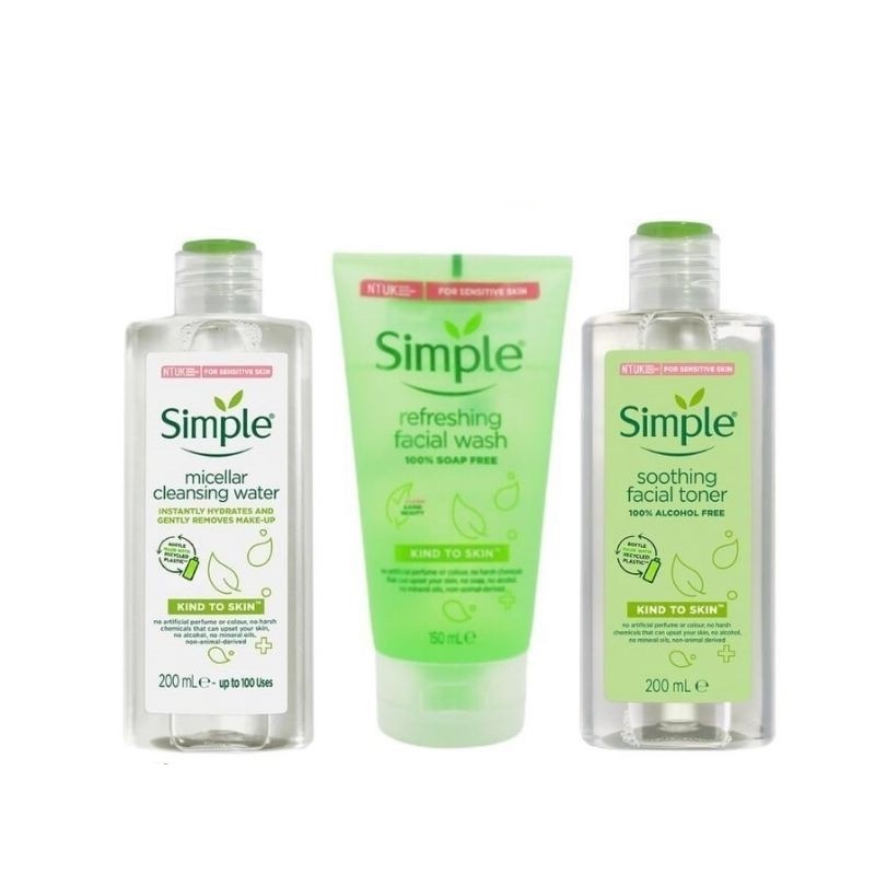 Combo Simple Tẩy trang 200ml + Bông tẩy trang ipek 150 miếng + Sữa rửa mặt 150ml + Nước hoa hồng 200ml