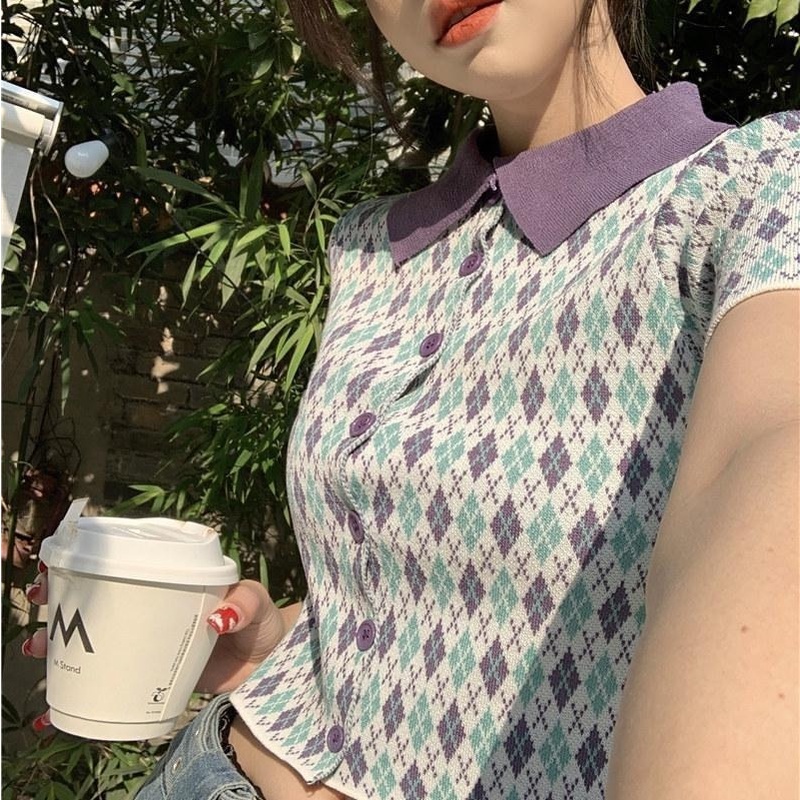 [Hana And Alice] Áo Cardigan Dệt Kim Cổ POLO Dáng Ngắn Trẻ Trung Hợp Thời Trang