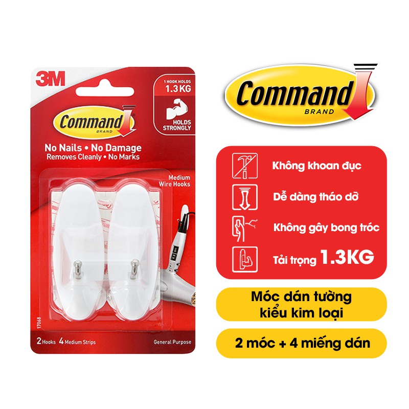 Móc dán tường đầu kim loại Command 3M vỉ 2 cái cỡ vừa chịu lực 1.3kg - 17068