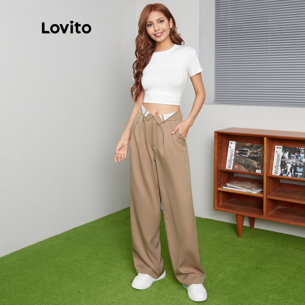 Quần dài Lovito Chân rộng màu trơn Thường ngày L27AD138 (Kaki)