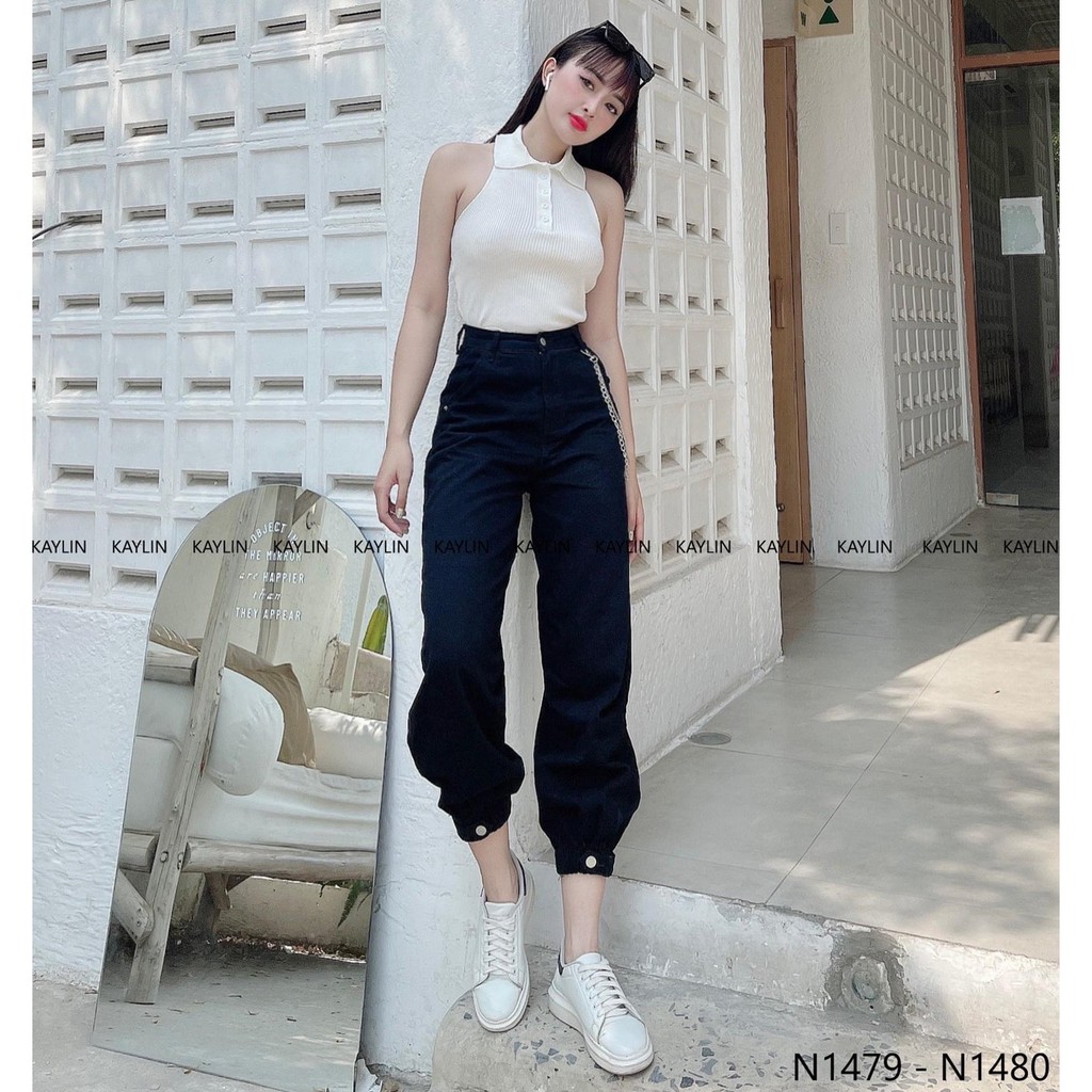 Bộ áo ba lỗ nữ cổ bẻ chất cotton kèm quần baggy dây xích SL17