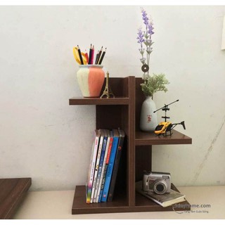 Kệ sách vân gỗ 2 tầng nhỏ gọn để bàn làm việc hình cây, vân gỗ chống trầy