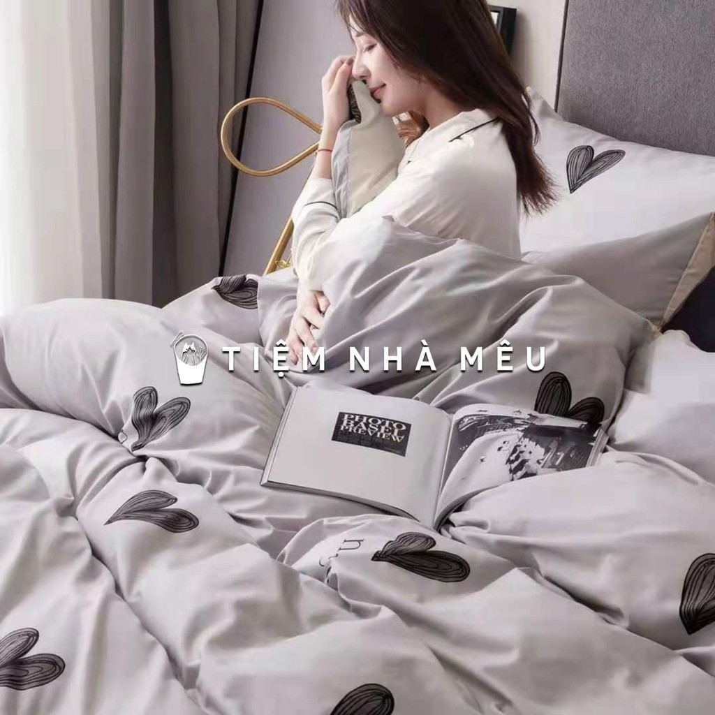 ( Freeship - Tặng kèm túi đựng ) Bộ Chăn Ga Gối Cotton Living✨ m6/m8/2m✨Sét 4 Món Cotton 100% Trái Tim Xám Tiệm Nhà Mêu