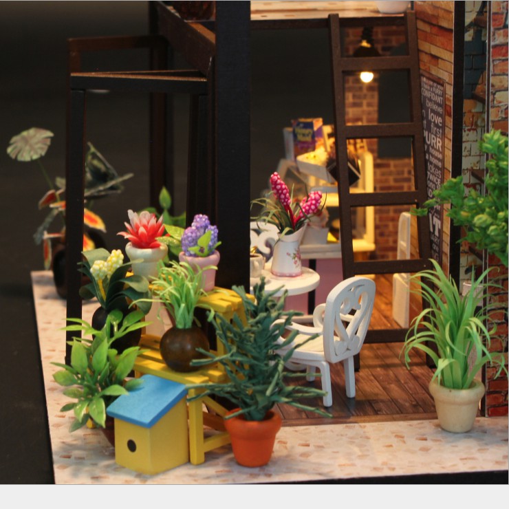 Mô hình nhà DIY Doll House Coffee House Kèm Mica chống bụi, Bộ dụng cụ và Keo dán