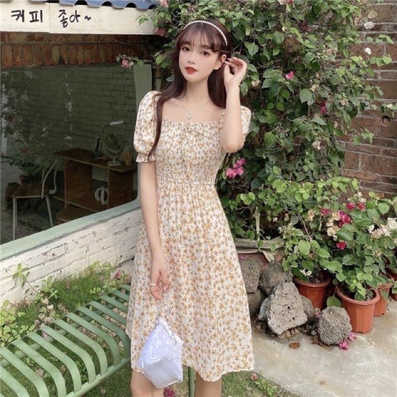 Đầm voan hoa nhí cổ vuông phối nơ bo chun ngực