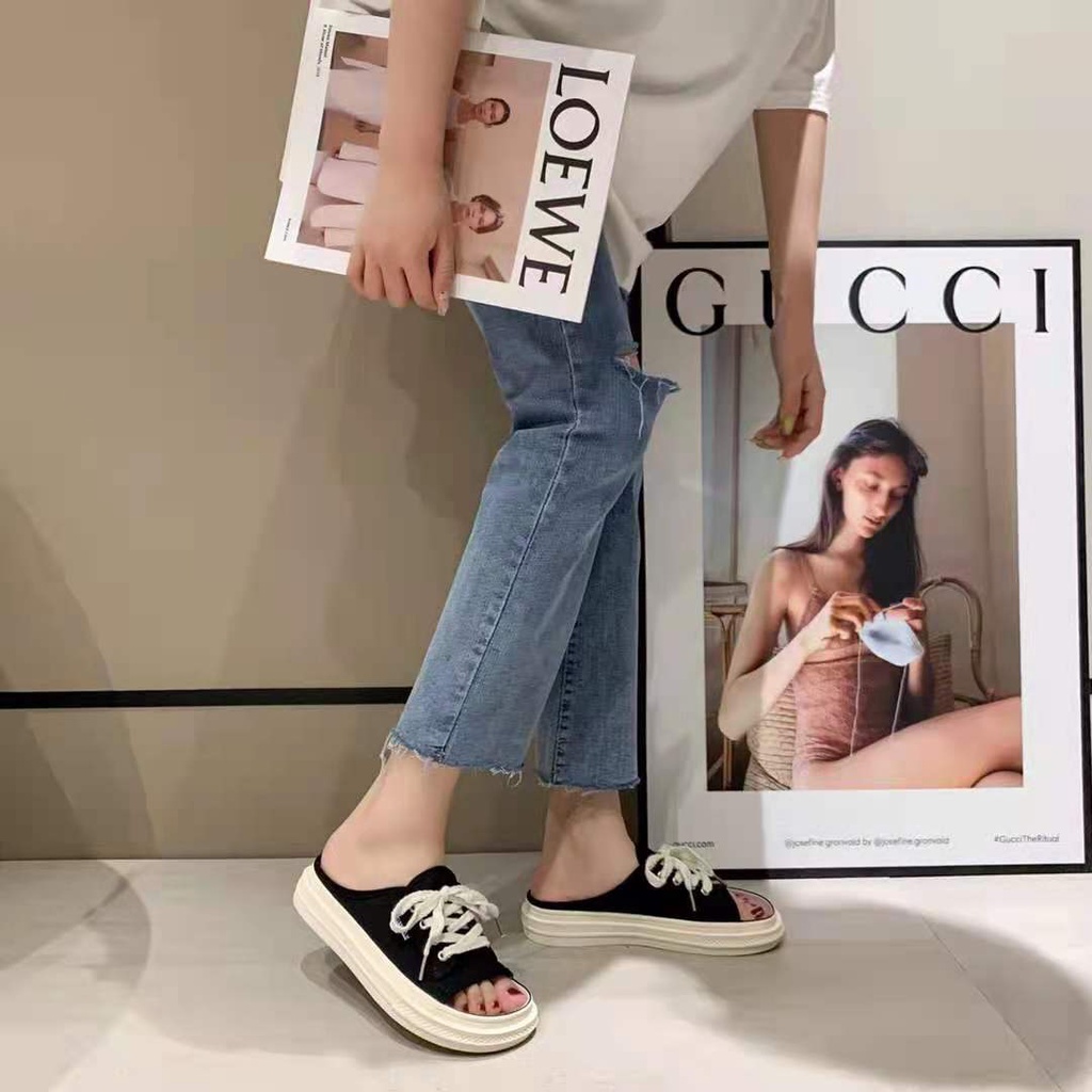 ♧Open-toed slippers for women s outer wear, old canvas shoes, lace-up, breathable casual flat-soled cloth shoes, houndstooth, new summer 2021dép lê nữdép lê bé traidép lê quai ngangDép lê