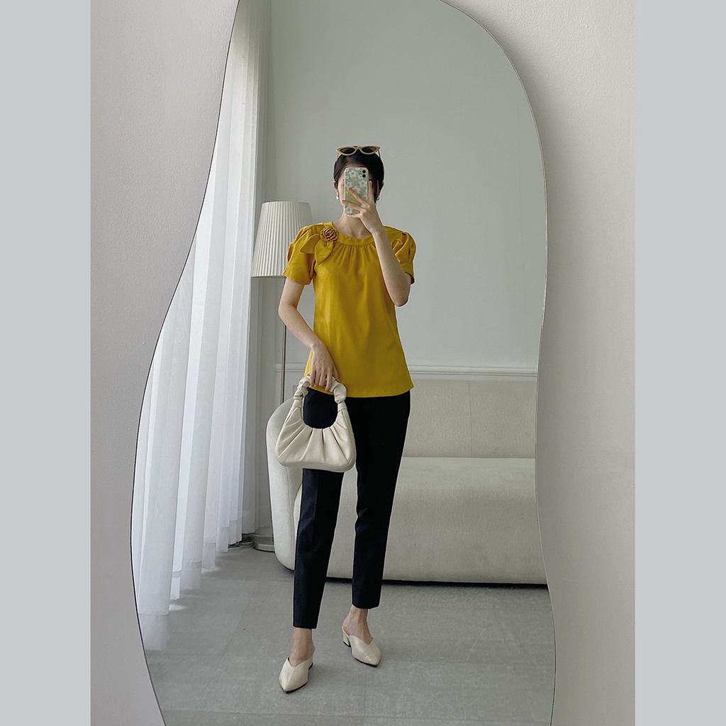 Áo kiểu nữ công sở suông cổ nhún phối hoa thời trang Eden tay ngắn chất liệu lụa mềm mát không nhăn - ASM168