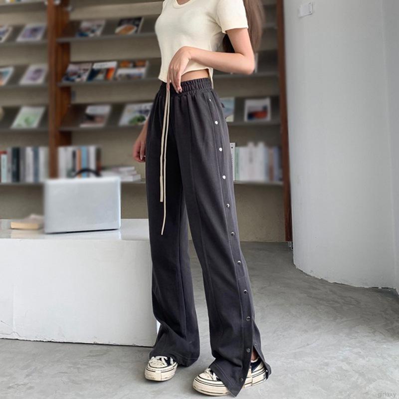 Quần dài ống rộng lưng cao màu trơn xẻ tà phối nút thời trang Hàn Quốc cho nữ