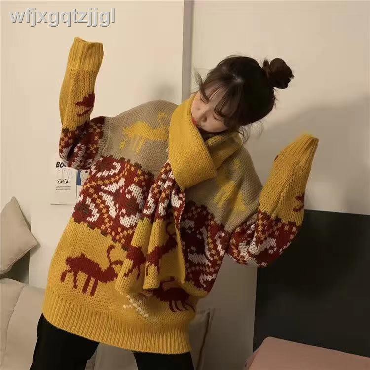 Áo Sweater Cổ Tròn Dáng Rộng Dày Dặn Phối Khăn Quàng Cổ Kiểu Hàn Quốc Thời Trang Cho Các Cặp Đôi