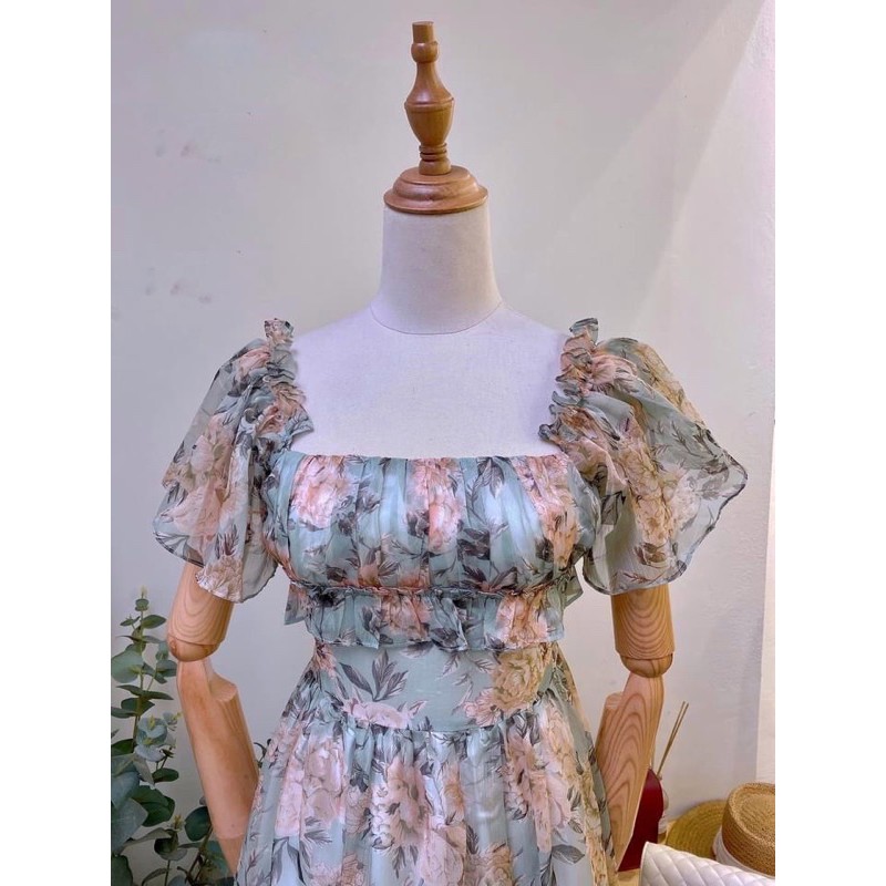 Váy tơ hoa trễ vai