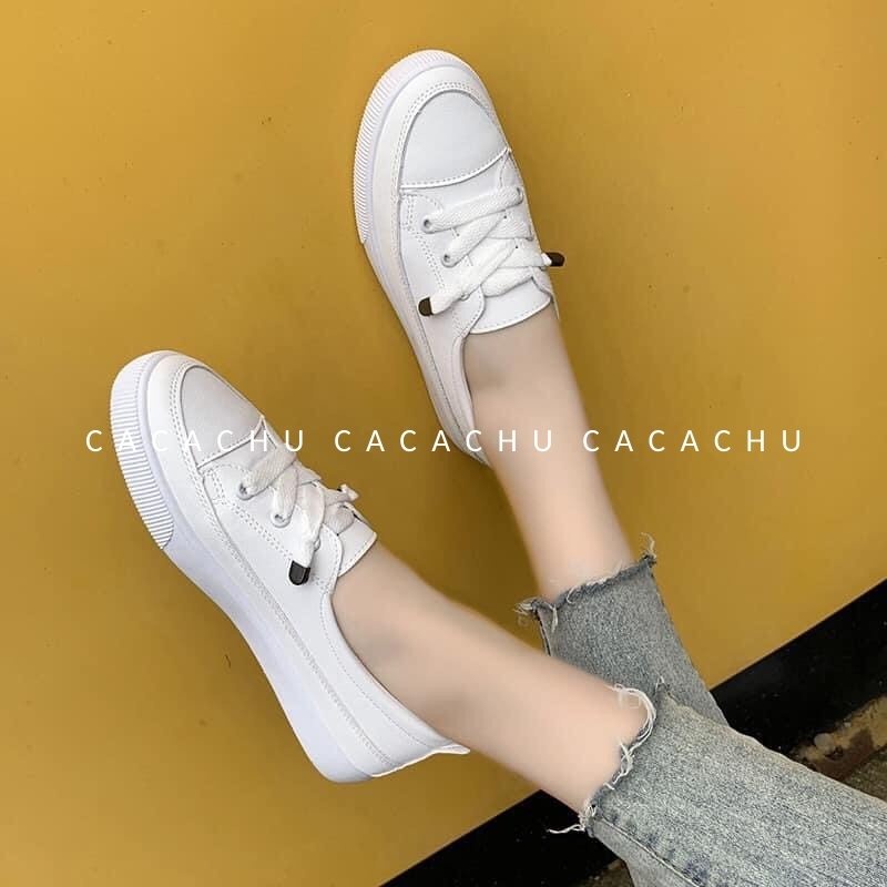 Giày thể thao nữ Slip On buộc dây 2 phân hàng đẹp hot trend 2021 CACACHU G023, giày lười nữ dây rút 2 màu trắng kem