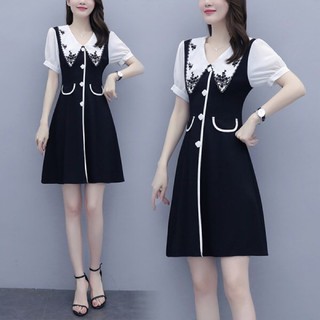 Đầm cổ sen đen trắng big size thêu hoa dự tiệc size 65-100kg
