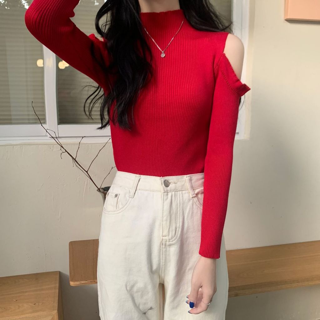Áo Len Tay Dài Cổ Cao Hở Vai Thời Trang Cho Nữ